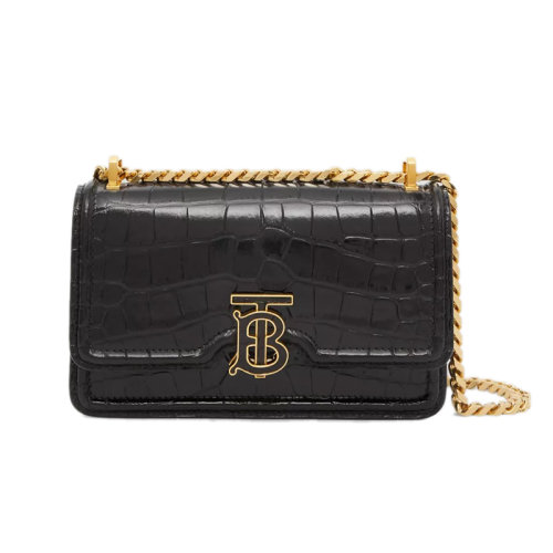 BURBERRY/博柏利 22新款 女士黑色鱷魚紋路壓紋皮革金色飾面翻蓋開合調(diào)節(jié)金色鏈帶肩背斜挎包80591331