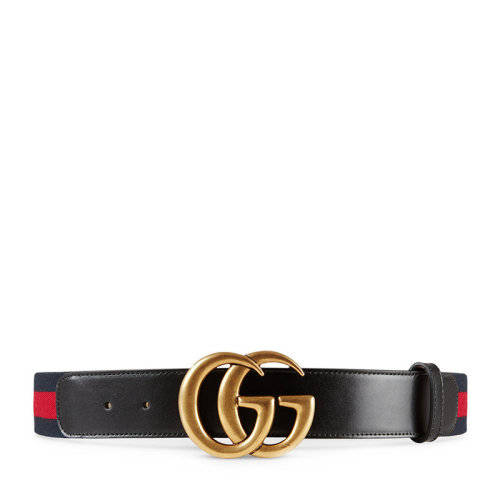 GUCCI/古馳  女士棕色/黑色 皮革拼綠紅織帶金色雙G腰帶 409416 H17WT 8623