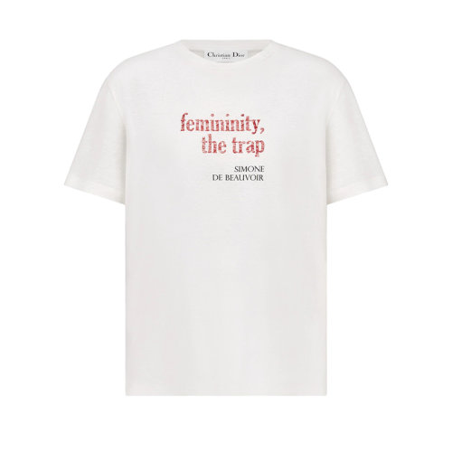 DIOR/迪奧 22年春夏新款 女士米白色棉質和亞麻混紡femininity字樣短袖T恤223T13A4496_X0200