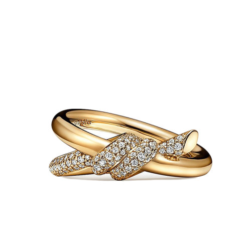 Tiffany & Co./蒂芙尼 22春夏新款 Knot系列 18K金 黃金色 鑲鉆繩結雙行戒指GRP12001
