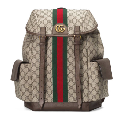 GUCCI/古馳 GGSupreme系列 帆布拼皮條紋織帶抽繩雙肩包 598140HUHAT8564