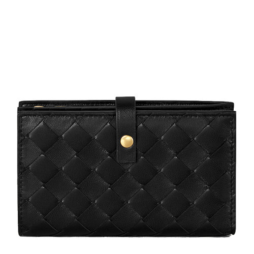 Bottega Veneta/葆蝶家 女士黑色皮革經典編織款按扣開合錢夾錢包卡包女包 609070-VCPP3-8648