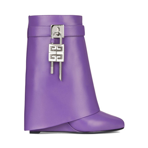 Givenchy/紀梵希 22年秋冬新款 Shark Lock系列 女士電光紫色牛皮革LOGO掛鎖筒靴短靴BE603KE1KP-520