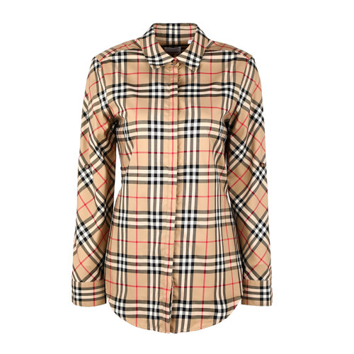 BURBERRY/博柏利女裝卡其色棉質翻領經典格紋襯衣女士短袖襯衫8018475