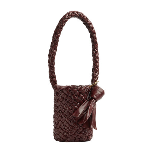 Bottega Veneta/葆蝶家 22新款 女士巴羅洛酒紅色小牛皮Intreccio圖案褶皺皮革金屬環打結滑動肩帶黃銅飾面單肩手提包715021V2BJ02250
