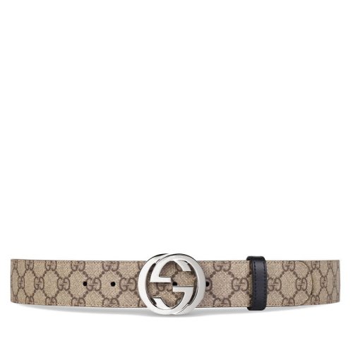 GUCCI/古馳   經典款男士雙面米色帆布黑色皮革銀色雙G扣腰帶 473030KGDHN9769