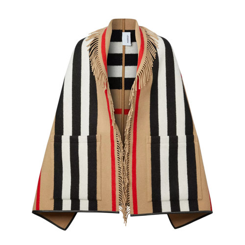 BURBERRY/博柏利 22年早春新款 女士典藏米色羊毛羊絨混紡標(biāo)志性條紋流蘇提花披肩80194151