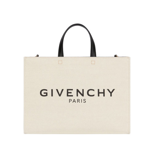 Givenchy/紀梵希 22新款 Cabas G系列 女士中號米色棉麻帆布黑色字母標志提花帆布拆卸寬肩帶皮革手柄金色飾面單肩手提包BB50N2B1DR-255