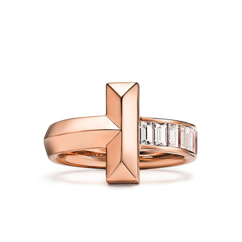 Tiffany & Co./蒂芙尼  T1系列 18K金玫瑰金長方形切割鉆石戒指 GRP11683