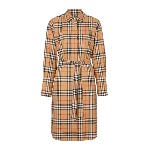 BURBERRY/博柏利女裝 服裝  古典黃色棉質經典格紋系帶束腰襯衫式 女士裙裝女士連衣裙 8013946