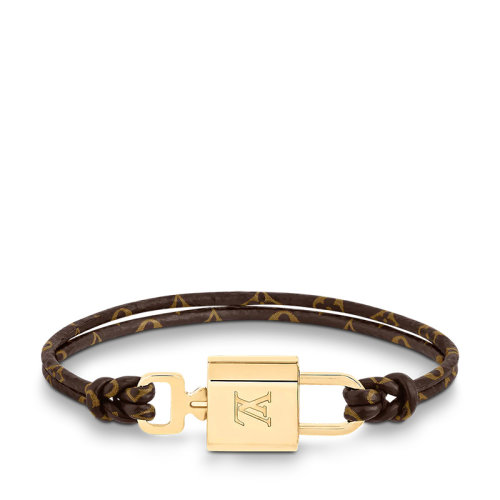 Louis Vuitton/路易威登 22春夏新款LOCK IT AGAIN系列 米色/棕色老花帆布金色徽標(biāo)掛鎖裝飾手鏈M8015F