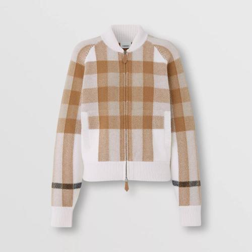  BURBERRY 22年秋冬 女士 格紋嵌花羊毛混紡飛行夾克 80558361