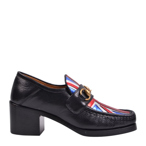 GUCCI/古馳 女士黑色牛皮 國旗圖案 方頭復古粗跟鞋 6cm 452773 D3VQ0 1063 女鞋