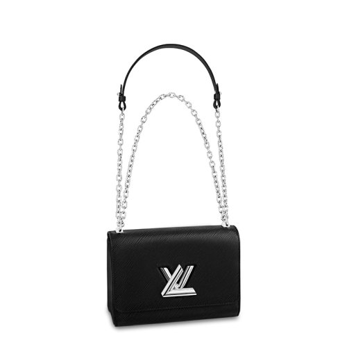 Louis Vuitton/路易威登 經典款TWIST系列 女士中號黑色水波紋牛皮革旋轉徽標銀扣翻蓋開合單肩斜挎鏈條包M50282