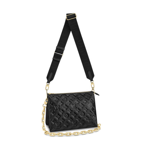 Louis Vuitton/路易威登  COUSSIN系列 女士PM款黑色會標壓紋小羊皮牛皮飾邊拉鏈開合斜挎單肩手拿包M57790