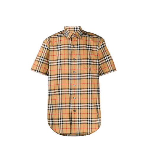 BURBERRY/博柏利 巴寶莉格紋襯衫  男士卡其色棉質短袖襯衫 8022265ANYE (批次不同新舊版標簽除機發放)