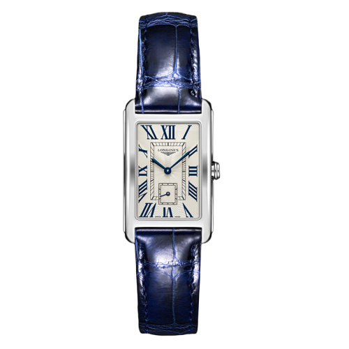 LONGINES/浪琴 黛綽維納系列 女士銀色“flinqué”石英精鋼表殼和鱷魚皮表帶防刮藍寶石水晶玻璃腕表23.3X37毫米L5.512.4.71.7