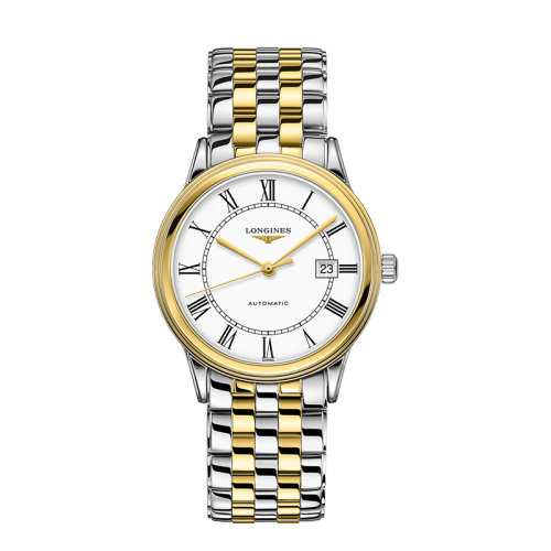 LONGINES/浪琴  軍旗系列精鋼和黃色PVD涂層白色表盤漆繪羅馬數(shù)字自動機械男士腕表40毫米 L4.984.3.21.7