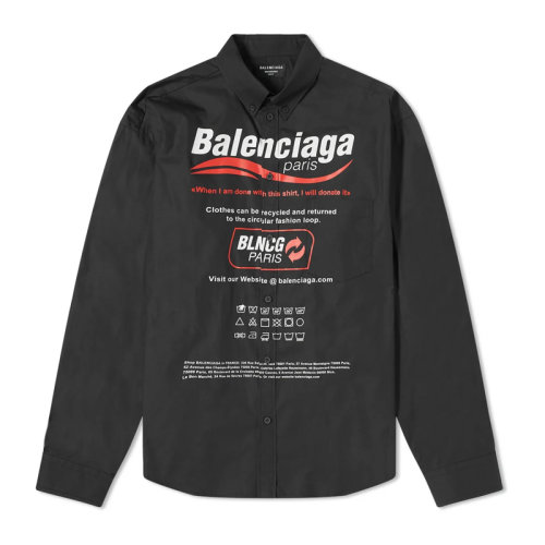 Balenciaga/巴黎世家 男士黑色棉質經典字母徽標印花裝飾系扣領長袖上衣襯衣襯衫 664626-TEM16-1000