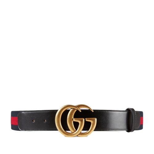 GUCCI/古馳 男士時(shí)尚紅藍(lán)條紋拼接織物配皮金色雙G板扣皮帶腰帶 409416-H17WT-8632