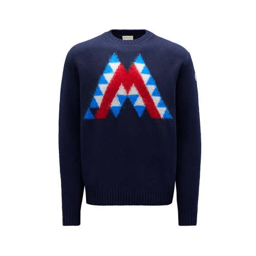 Moncler/蒙克萊 22年秋冬新款 男士海軍藍色羊毛和馬海毛混紡M圖案針織衫毛衣H20919C00008M2024769