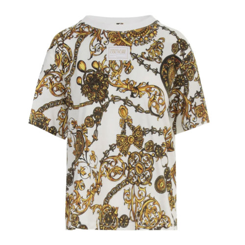 VERSACE JEANS/范思哲牛仔 女士拼色棉質經典巴洛克圖案印花裝飾圓領短袖上衣T恤 71HAH611-JS015 多色可選