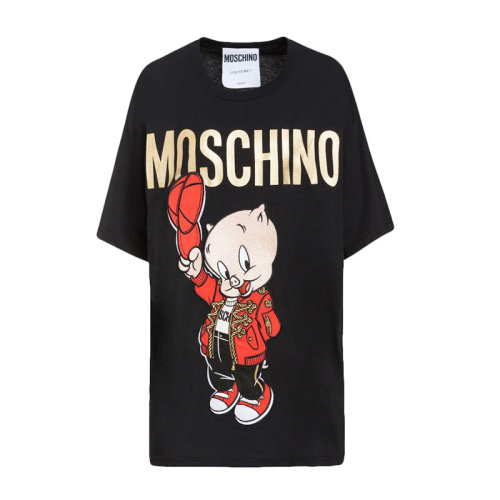 MOSCHINO 莫斯奇諾 女士 服裝  黑色圓領字母LOGO小豬圖案棉質T恤 女士短袖T恤