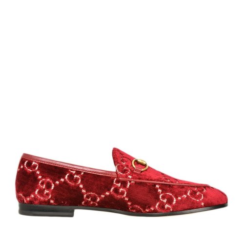 GUCCI/古馳 Jordaan系列 女士酒紅色GG天鵝絨樂福鞋平跟鞋女鞋