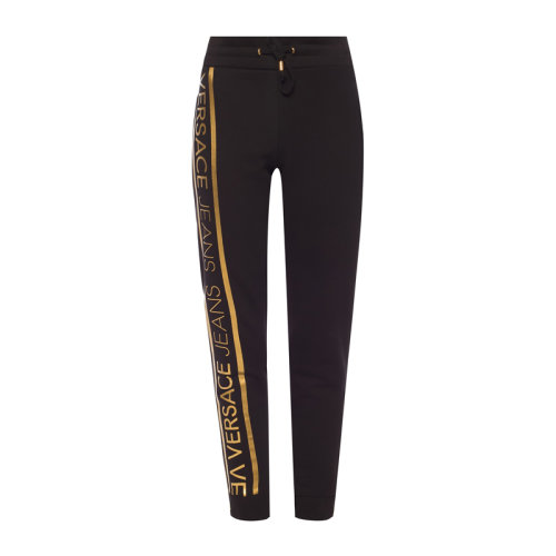 VERSACE JEANS/范思哲牛仔 女士黑色棉質(zhì)經(jīng)典字母徽標(biāo)條紋裝飾休閑褲運動褲長褲女褲 A1HSA143-36604-899