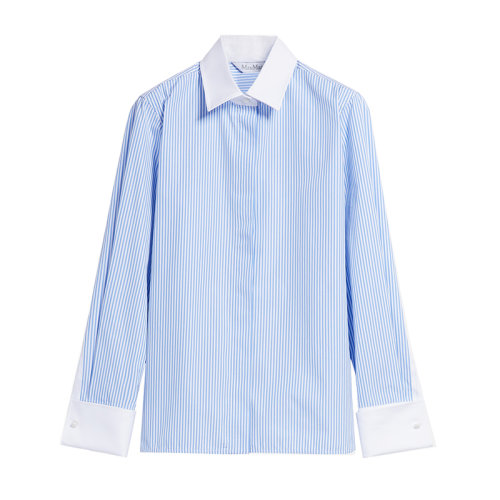 MaxMara/麥絲瑪拉 22年秋冬新款 ABITO系列 女士淺藍色純棉藍白條紋翻領襯衫1116012906005