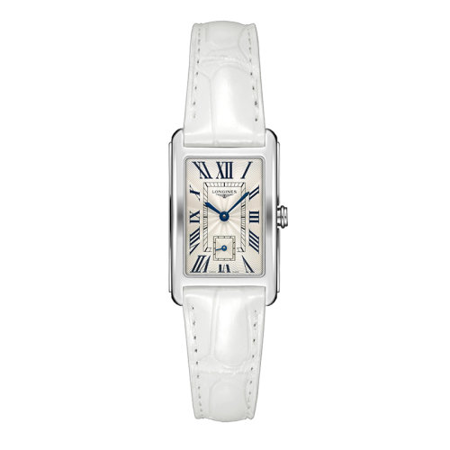 LONGINES/浪琴 黛綽維納系列 男女同款石英機芯長方形銀色表盤白色鱷魚皮表帶手表L5.512.4.71.2