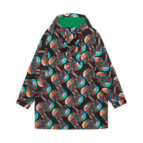 GUCCI/古馳 22秋冬款 The North Face聯名系列 女士多色聚酰胺飾有彩色印花LOGO圖案袖口魔術貼抽繩固定風帽黑色輕質尼龍沖鋒衣外套?672461ZAH9B1478