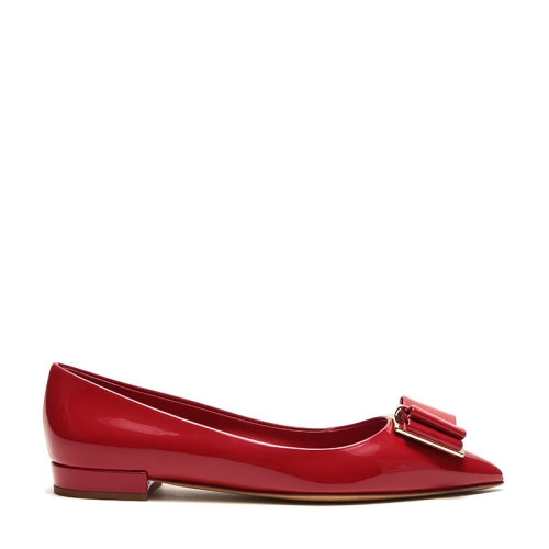 Salvatore Ferragamo/菲拉格慕女士ZERI10系列漆皮革雙蝴蝶結芭蕾舞平底鞋0704659