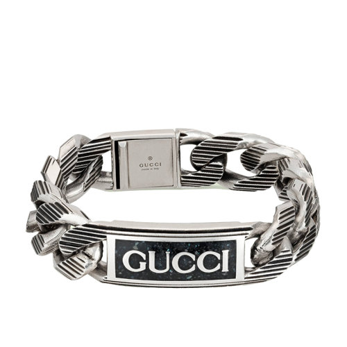 GUCCI/古馳 22新款 男士925純銀Gucci標識寬版黑色琺瑯刻紋鏈條手鏈?701615J84101064