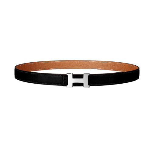 HERMES/愛馬仕 H系列 黑/金色荔枝紋小牛皮 女士雙面銀扣皮帶24毫米H064545CK05/H052150CABV070