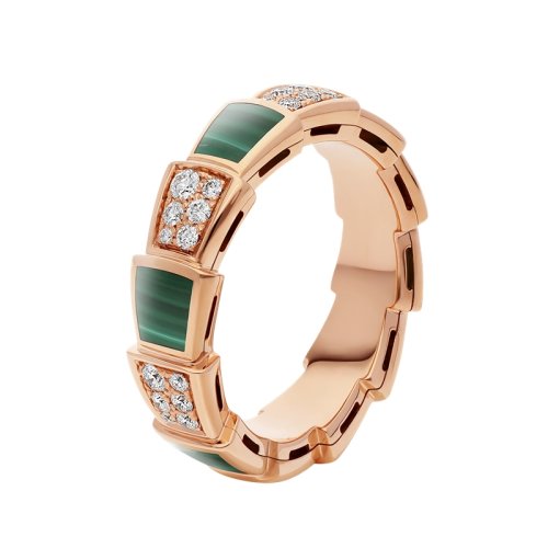 BVLGARI/寶格麗 Serpenti Viper系列 經典款孔雀石18K金玫瑰金帶鉆 中號蛇形戒指 355020