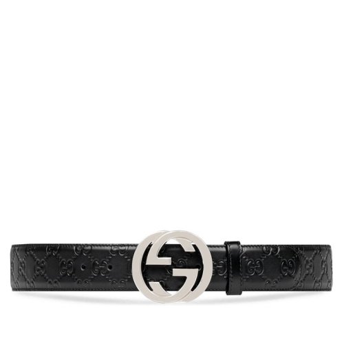 GUCCI/古馳   經典款Signature男士黑色牛皮印花雙G腰帶 411924 CWC1N 1000