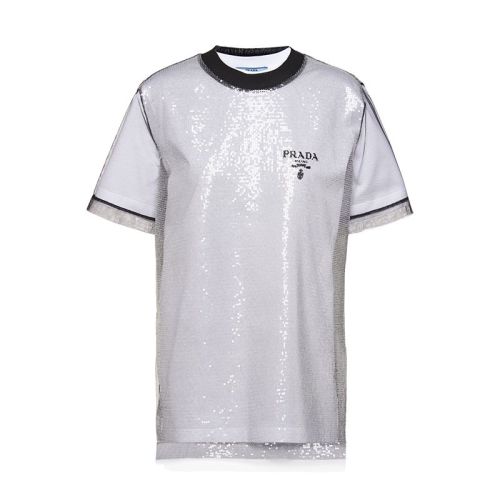 PRADA/普拉達 22年早春新款 女士黑白色亮片刺繡薄紗平紋針織棉質短袖T恤3579AR_1Z5N_F0964_S_221