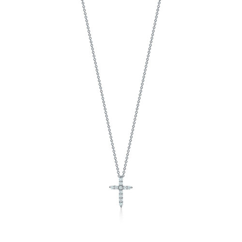 Tiffany & Co./蒂芙尼  19冬季新款女士鉑金鑲嵌鉆石十字吊墜項鏈 67124723