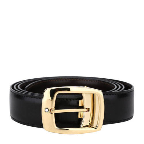 MontBlanc/萬寶龍 男士經(jīng)典系列黑色牛皮金色方形針扣皮帶腰帶 可裁剪 5562