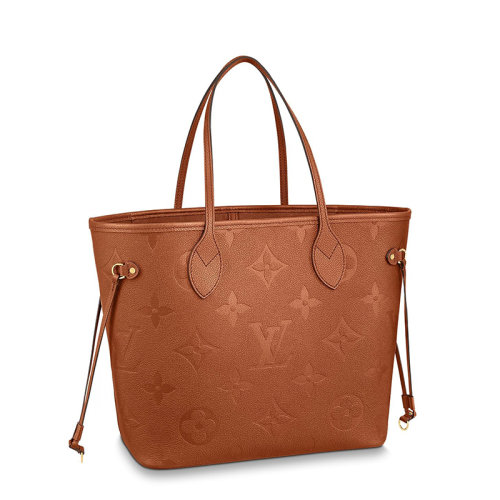 Louis Vuitton/路易威登 22新款NEVERFULL系列 女士中號干邑白蘭地色（淡土黃色）老花徽標壓紋皮革單肩手提托特包M46135