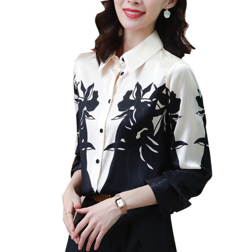 GeleiStory/GeleiStory 春夏新款桑蠶絲襯衫翻領撞色印花真絲長袖上衣  女裝＞女士襯衫＞女士長袖襯衫