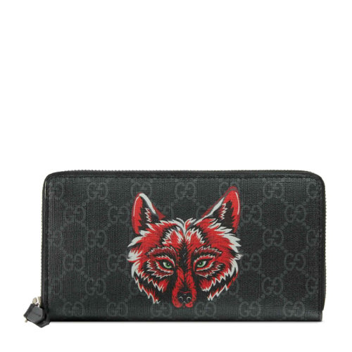 GUCCI/古馳 男士黑色帆布狼頭印花全拉鏈式錢夾錢包手拿包男包 451273-91MAN-9789