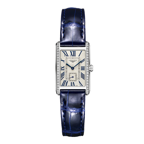 LONGINES/浪琴 黛綽維納系列 女士銀色“flinqué”石英精鋼鑲鉆表殼和鱷魚皮表帶防刮藍(lán)寶石水晶玻璃腕表20.8X32毫米L5.255.0.71.7