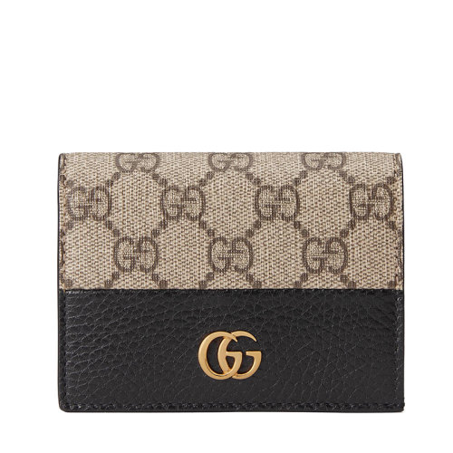 GUCCI/古馳  GG Marmont系列 女士黑色皮革和米色/烏木色GG Supreme帆布雙G錢包卡片夾65861017WAG1283