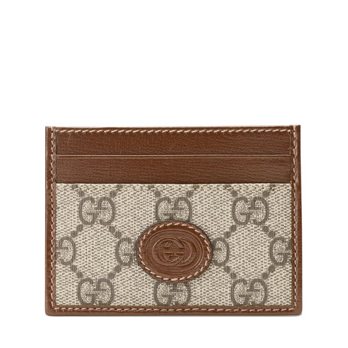 GUCCI/古馳   男女同款經典老花帆布棕色皮革飾邊卡包卡片夾67300292TCG8563