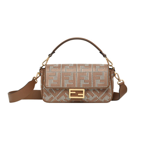 FENDI/芬迪 2022新款 女士中號棕色千鳥格羊毛配皮金色金屬手提斜挎法棍包8BR600AKRZF1IRG
