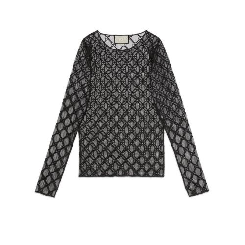  GUCCI古馳 22年秋冬 女士 GG 刺繡薄紗 T?恤 574407 XJA86 1000 預定商品2-6周發貨