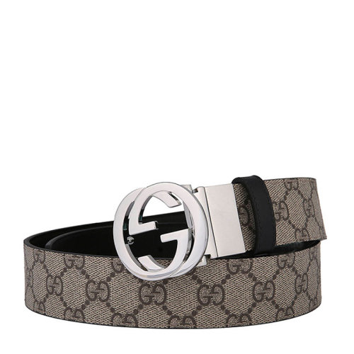 GUCCI/古馳 男士銀色雙G可旋轉雙面可用板扣棕色商務休閑皮帶褲帶腰帶 473030-KGDHN-9769