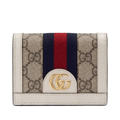 GUCCI/古馳 經典款Ophidia系列 女士米色/烏木色老花帆布白色皮革滾邊拼接紅藍條紋織帶雙折卡夾錢包52315596IWG9794